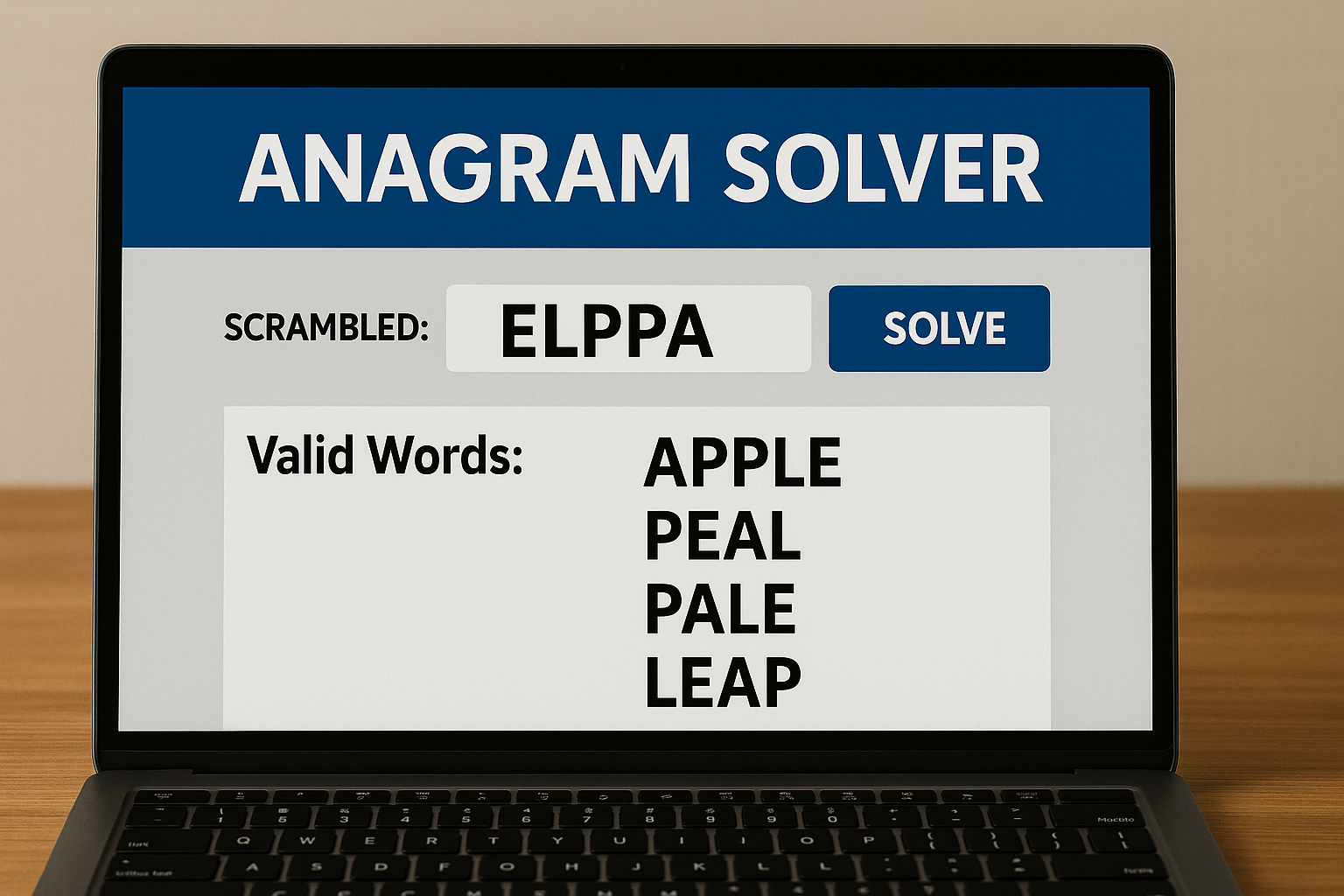 Anagram solver showing valid words from scrambled letters.