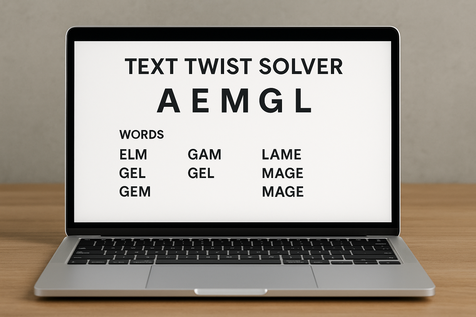 Text Twist Solver showing valid words from scrambled letters on laptop.