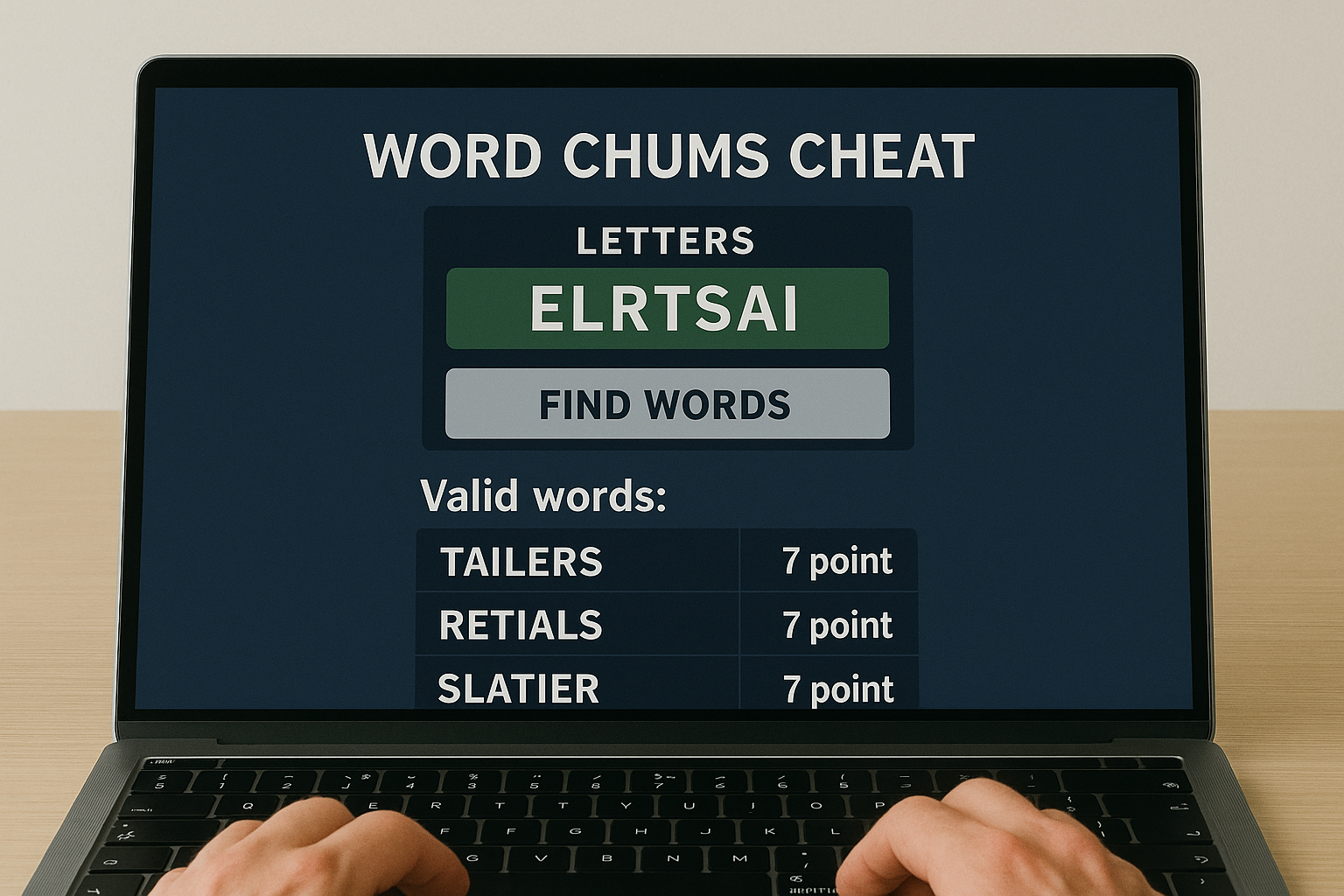 Word Chums cheat showing valid words from scrambled letters on laptop.