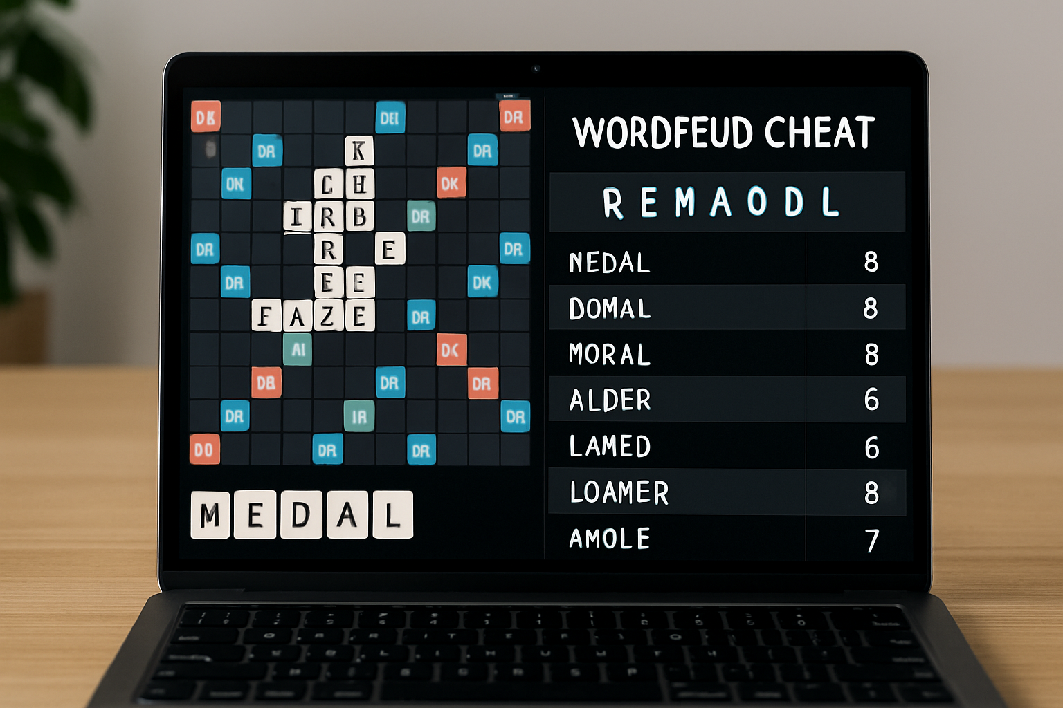Wordfeud cheat showing valid words from scrambled letters on laptop.